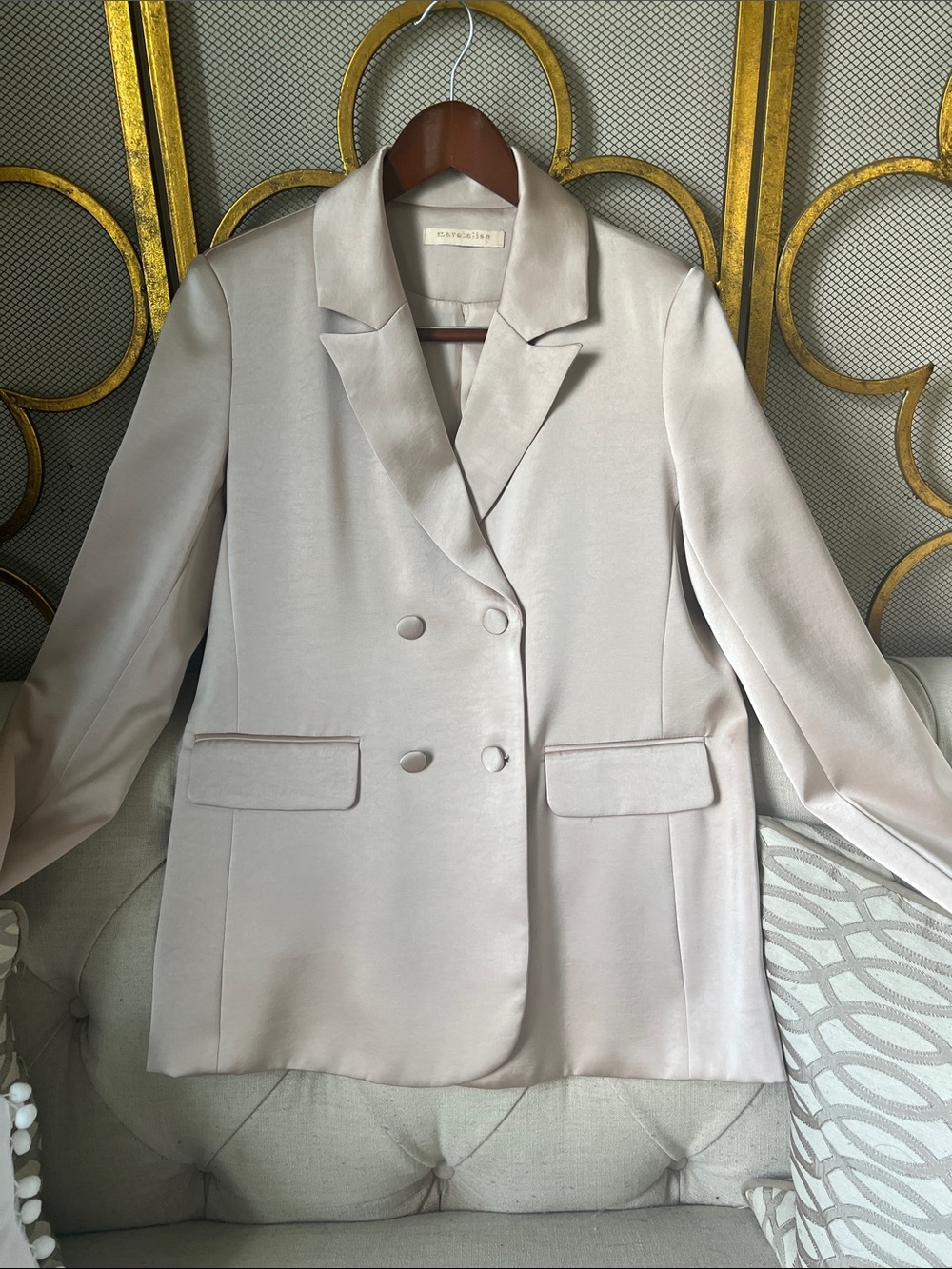 Double-Breasted Satin Blazer in Soft Beige - Unbranded